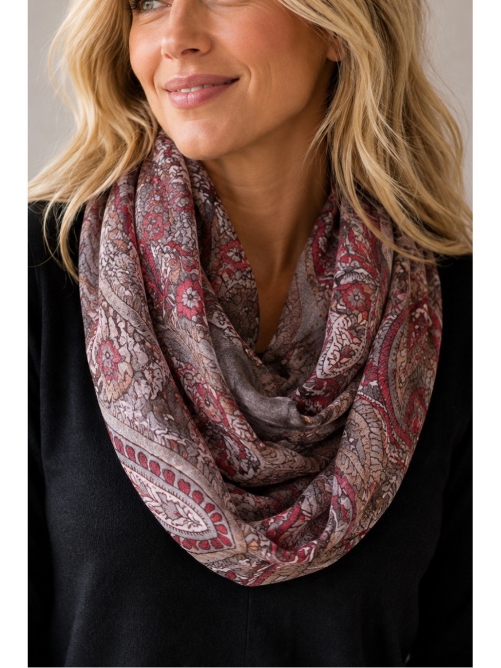 Paisley print Red brown and tan infinity scarf